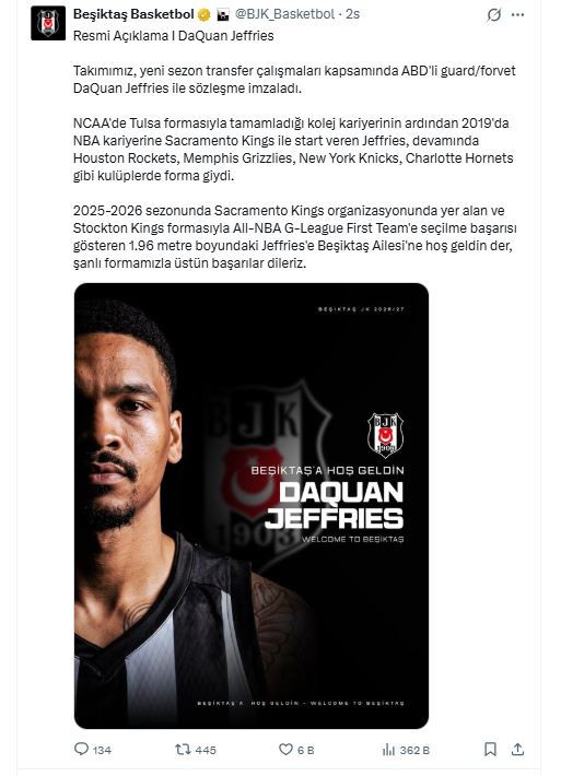 Beşiktaş, ABD'li basketbolcu DaQuan Jeffries'i kadrosuna kattı - Resim : 1