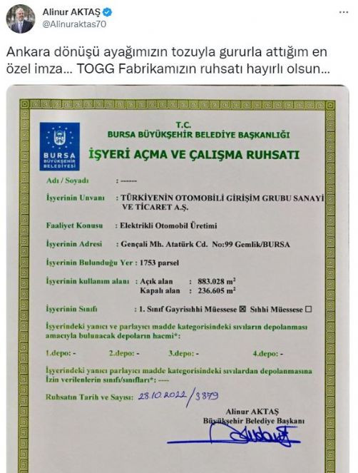 Bursa Belediye Başkanı Alinur Aktaş paylaştı. TOGG’un fabrikasına ...