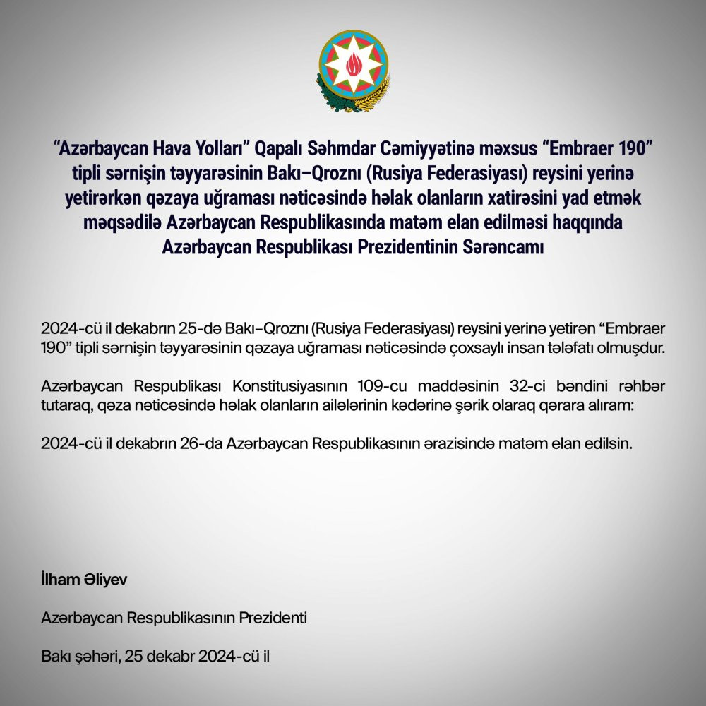 Azerbaycan'da 1 günlük milli yas ilan edildi